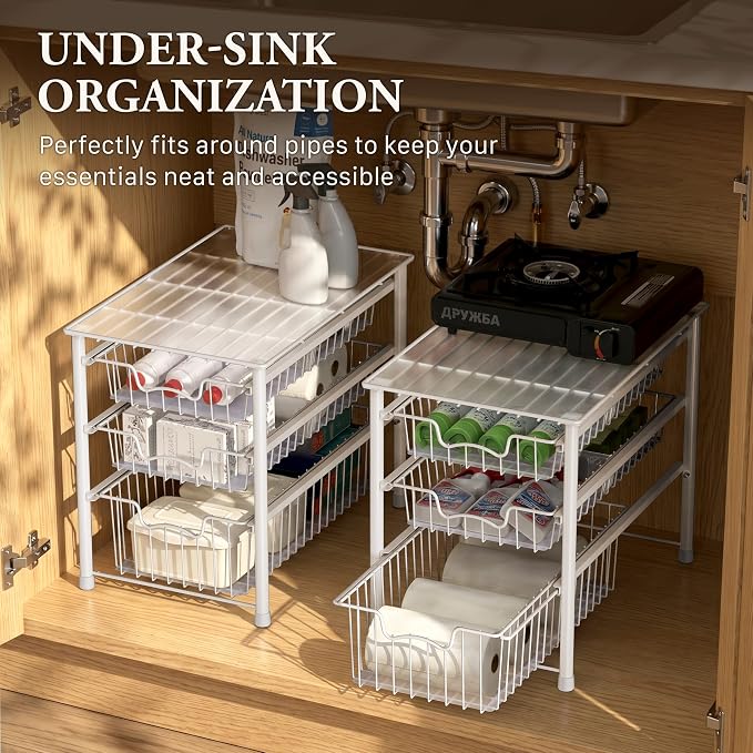 Simple Houseware Stackable 3 Tier Sliding Basket Organizer Drawer, White (Pack of 2) - Image 6