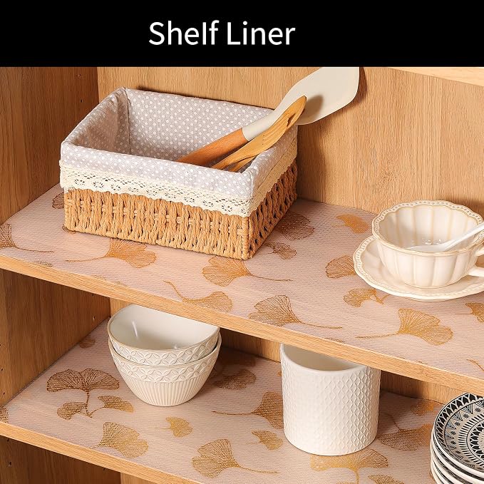 Cooyes Shelf Liner, Non Adhesive Drawer and Cabinet Liner, EVA Washable Oil-Proof Shelf Paper for Kitchen Cabinets, Refrigerator, Storage, Desks with Modern Pattern （Gold Ginkgo，23.6" W x 118" L） - Image 4