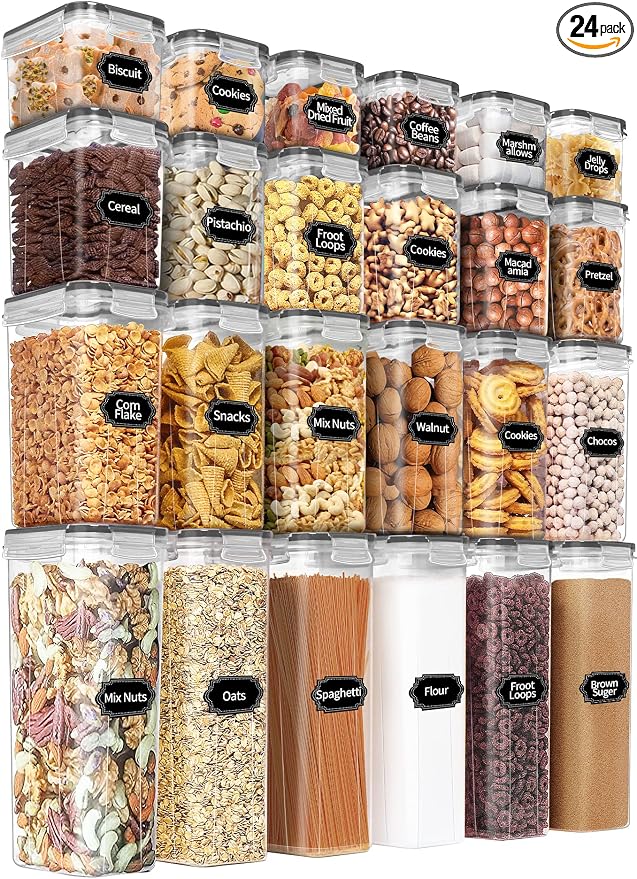 PRAKI Airtight Food Storage Containers Set with Lids - 24 PCS, BPA Free | Multiple Sizes Cereal Containers Storage Set, Pantry Organizers and Storage for Cereal Flour & Sugar - Labels & Marker (Grey) by PRAKI