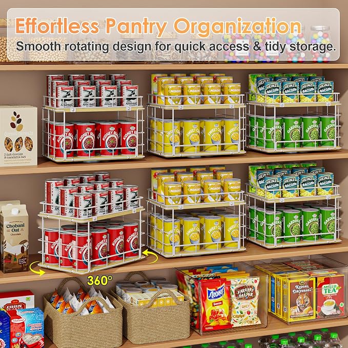 360° Rotating Lazy Susan Can Organizer for Pantry, Holds 26 Cans, White | 2-Tier Metal Wire & Wood Turntable Can Rack Holder, Storage for Canned Goods, Kitchen Pantry Cabinets & Countertops - Image 3