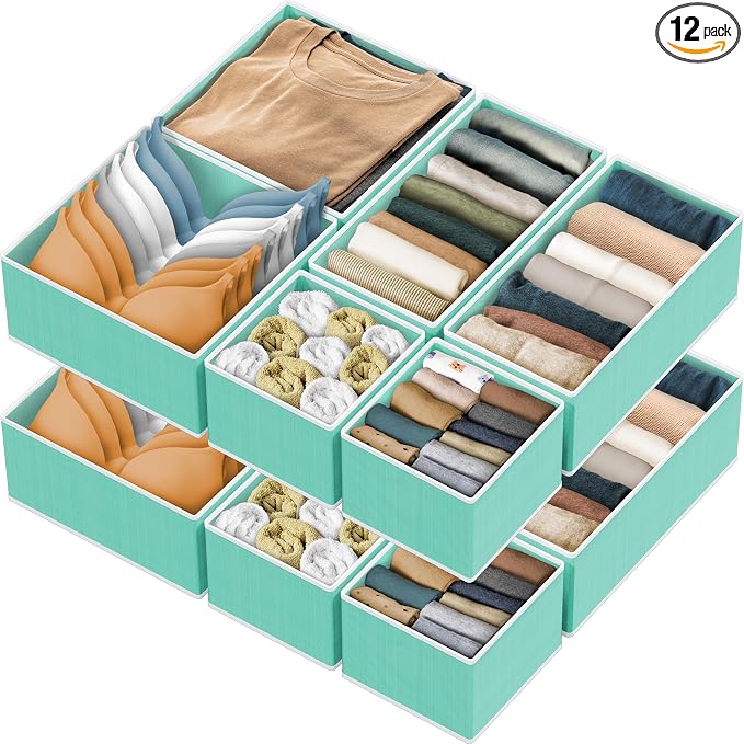 Simple Houseware Foldable Drawer Organizer Bin, Set of 12, Turquoise | Fabric Storage Bins for Clothes, Underwear, Bra, Panty, Socks, Onesies – Closet & Dresser Dividers for Home by SimpleHouseware