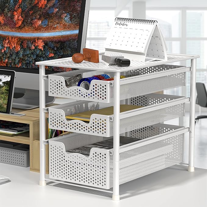 Simple Houseware 3 Tier White Alloy Steel Sliding Basket Organizer Drawer Cabinet (Pack of 2) - Image 2