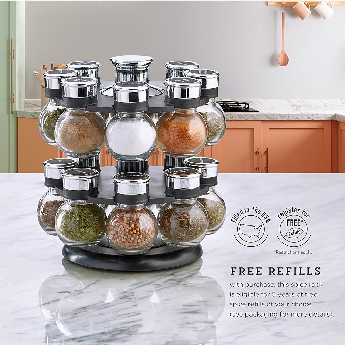 Kamenstein 16 Jar Ellington Revolving Countertop Spice Rack with Lift & Pour Caps and Spices Included, FREE Spice Refills for 5 Years: Black and Chrome - Image 6