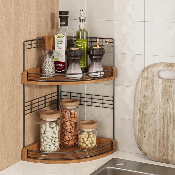 Bathroom Countertop Corner Organizer for Small Spaces, 2-Tier Counter Shelf | Oak Wood & Iron, Fan-Shaped Counter Shelf for Sink & Vanity Corners, Skincare, Toiletries, Compact Vertical Storage, Walnut - Image 8