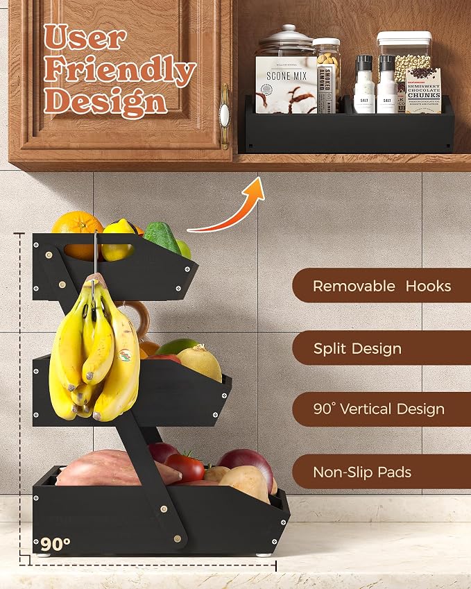 3-Tier Bamboo Fruit Basket with 2 Banana Holders Black | Large tiered organizer for bread, snacks, veggies. Sturdy bamboo, includes mats & dividers. Easy to assemble. - Image 2