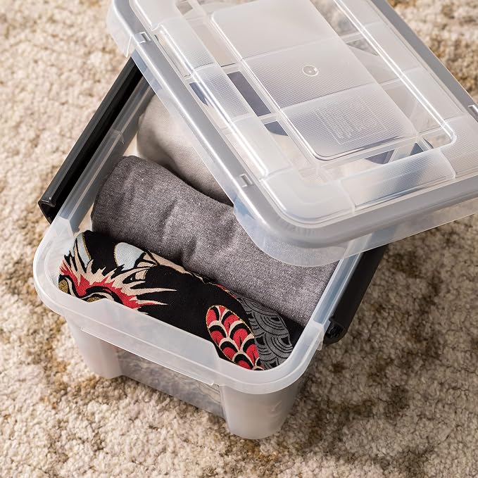IRIS USA 6-Pack 6 Qt Storage Bins with Gasket Lids, Clear/Black | WeatherPro seal protects shoes, crafts, documents and supplies from dust and moisture - Image 9