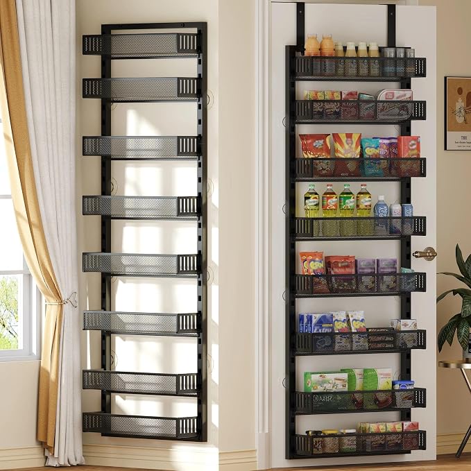 8-Tier Over the Door Pantry Organizer with Adjustable Baskets | Over the Door Spice Rack, Wall-Mounted or Hanging Shelves for Kitchen, Laundry Room, Bathroom(Black,16.65"W x 5.2"D x 72.6"H) by SEFILENCE