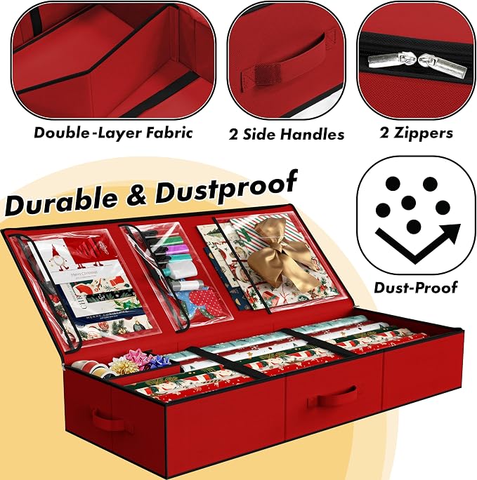 Simple Houseware 41.5" Wrapping Paper Organizer, Fits 40 Rolls, Red | Adjustable Straps, Interior Divider for Ribbons & Bows, 3 Clear Pockets for Gift Bags & Tools, 41.5"L x 16"W - Image 3