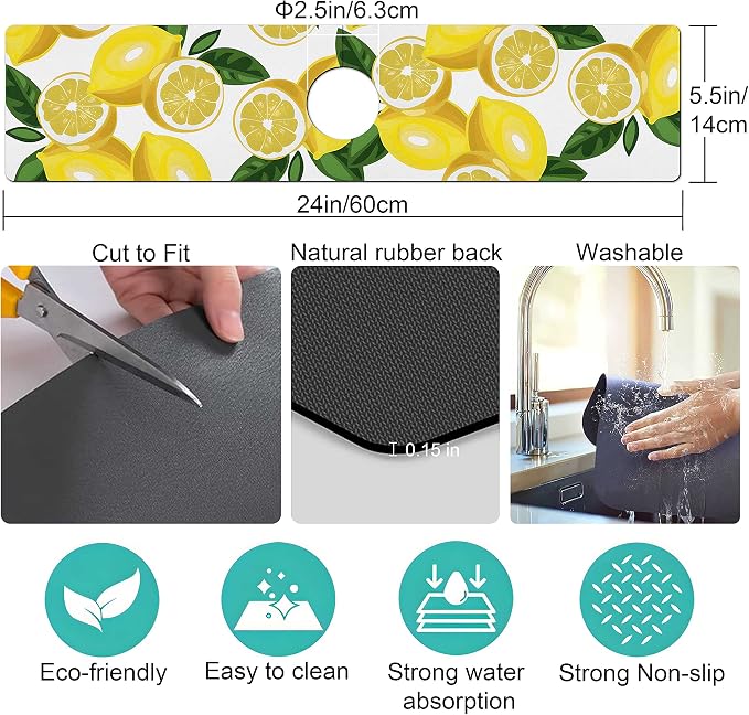 Kitchen Sink Splash Guard Faucet Mat Super Absorbent Fast Drying Mat Sink Gadgets Splash Guard Behind Faucet Drip Catcher for Kitchen (Lemon-1, 23.5x5.5in) - Image 5