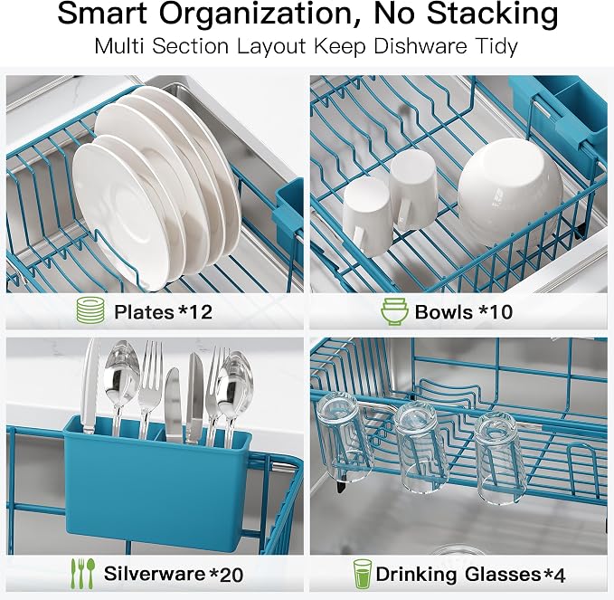 JASIWAY Blue Dish Drying Rack in Sink with Drainboard and Utensil Holder | Use Over the Sink or Counter, Stainless Steel Expandable Dish Drainer for Small Kitchen, Space Saving, Fast Drain, Rustproof - Image 8