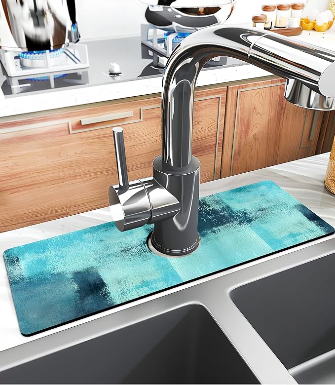 Kitchen Sink Splash Guard Faucet Mat Super Absorbent Fast Drying Mat Sink Gadgets Splash Guard Behind Faucet Drip Catcher for Kitchen (Blue, 15x5.5in) - Image 2