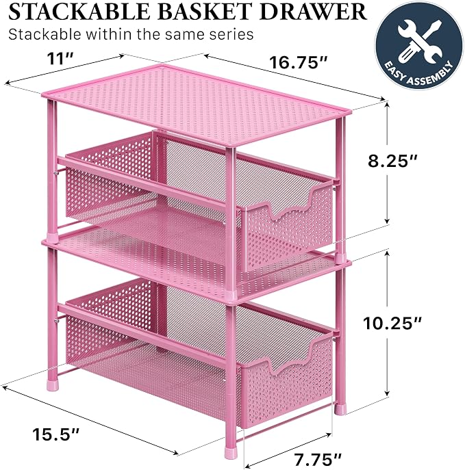 Simple Houseware Stackable Under Sink Sliding Basket Drawer, Pink | Perforated Free Standing Organizer, Kitchen/Pantry/Cabinet/Counter - Image 2
