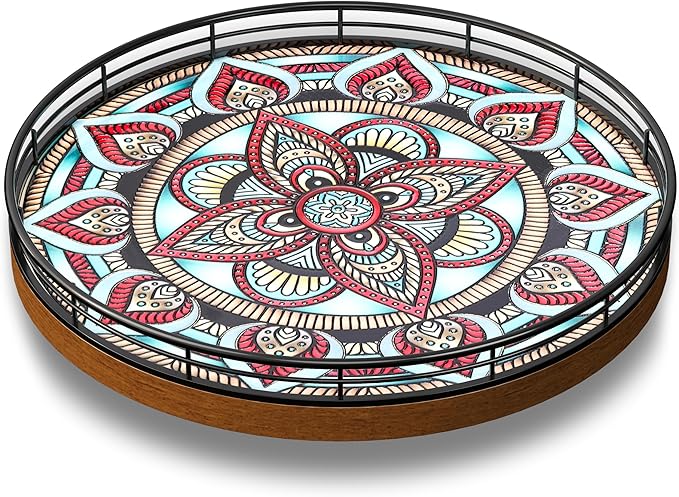 10.2-Inch Boho Lazy Susan with Oak Base and 3D Textured Ceramic Tile | Rotating tray with raised boho ceramic texture, oak base and walnut finish for dining tables, counters and coffee bars. by AMH
