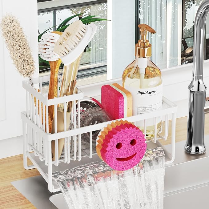 Sponge Holder for Kitchen Sink,Smiley Face Sink Caddy with Removable Brush Holder,Self-Draining Sponge Caddy for Sponge,Soap,Dish Brush,Scrubber,Kitchen Essentials and Gadgets-White by Taugast