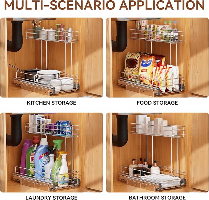 Under Sink Organizer 9" W X19 D, Pull Out Cabinet Organizer 2 Tier | Chrome Plated, Full Slide Out, Under Kitchen Bathroom Sink Organizer, Pantry Cabinet Closet Organization Rack, 1 Pack - Image 6