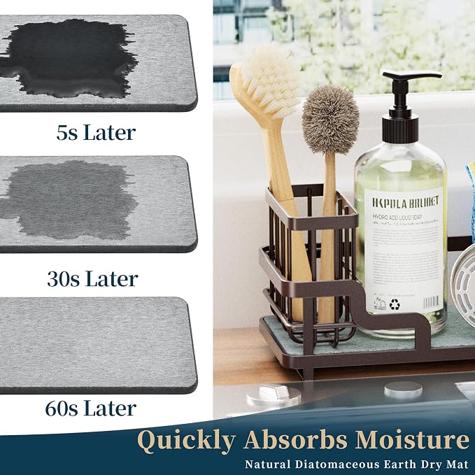 Consumest Sponge Holder for Kitchen Sink - Sink Caddy Organizer with Water Absorbing Stone Tray, Detachable Brush Holder, Stainless Steel Kitchen Counter Organizer Rack, Bronze - Image 2