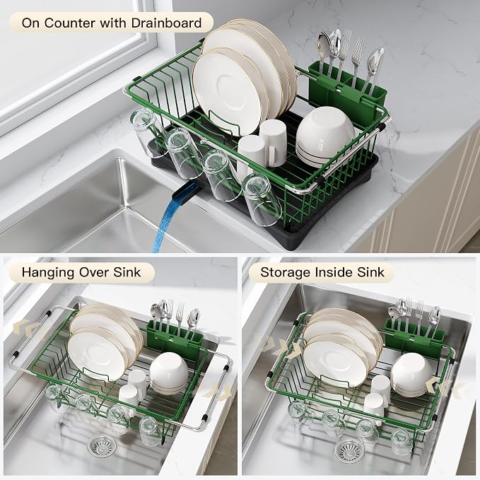 JASIWAY Green Dish Drying Rack in Sink with Drainboard and Utensil Holder | Use Over the Sink or Counter, Stainless Steel Expandable Dish Drainer for Small Kitchen, Space Saving, Fast Drain, Rustproof - Image 2