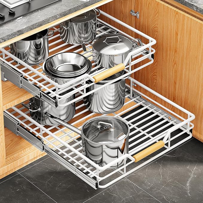 Pull out Cabinet Organizer, 12"W X 21"D, Heavy Duty Smooth Sliding Under Cabinet Shelves for Pots and Pans, Full-Extension Roll out Drawers, Slide out Organization for Home Kitchen Pantry, White - Image 4