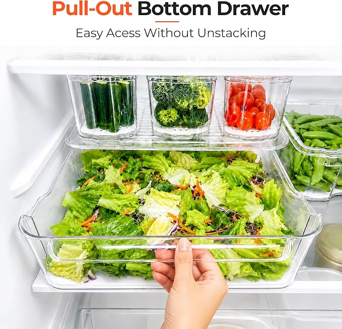 SMRCAD Clear Fridge Bins with Drain Trays - BPA-Free PET, Stackable(3 Pack) | 3 Pack: 1 Drawer + 2 lidded Bins, Helps Keep Produce Fresh, 12.5L Capacity, Hand Wash Only - Image 2