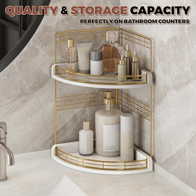 Bathroom Countertop Corner Organizer for Small Spaces, 2-Tier Counter Shelf | Oak Wood & Iron, Fan-Shaped Counter Shelf for Sink & Vanity Corners, Skincare, Toiletries, Compact Vertical Storage, White - Image 3