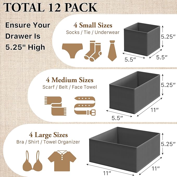 Simple Houseware Foldable Drawer Organizer Bin, Set of 12, Dark Gray | Fabric Storage Bins for Clothes, Underwear, Bra, Panty, Socks, Onesies – Closet & Dresser Dividers for Home - Image 2