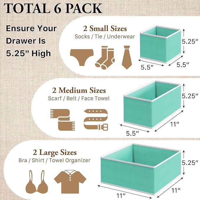 Simple Houseware Underwear Drawer Organizer, Set of 6, Turquoise | for Lingerie/Undergarment/Bra/Panty/Sock/Onesie - Image 2