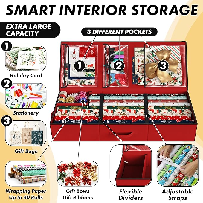 Simple Houseware 41.5" Wrapping Paper Organizer, Fits 40 Rolls, Red | Adjustable Straps, Interior Divider for Ribbons & Bows, 3 Clear Pockets for Gift Bags & Tools, 41.5"L x 16"W - Image 4