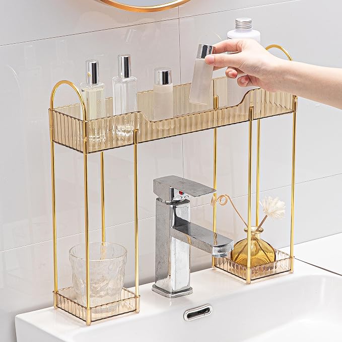 YCIA&DONE Bathroom Countertop Organizer Over The Faucet, Narrow Counter Organizers Above Sink, Table Mounted Faucet Sink Shelf for Kitchen, Toilet, Laundry(Amber Gold) - Image 5