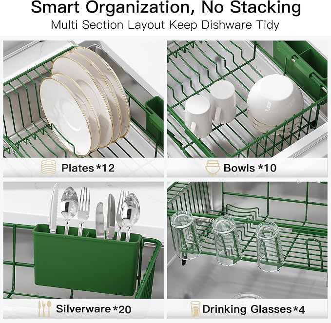 JASIWAY Green Dish Drying Rack in Sink with Drainboard and Utensil Holder | Use Over the Sink or Counter, Stainless Steel Expandable Dish Drainer for Small Kitchen, Space Saving, Fast Drain, Rustproof - Image 8