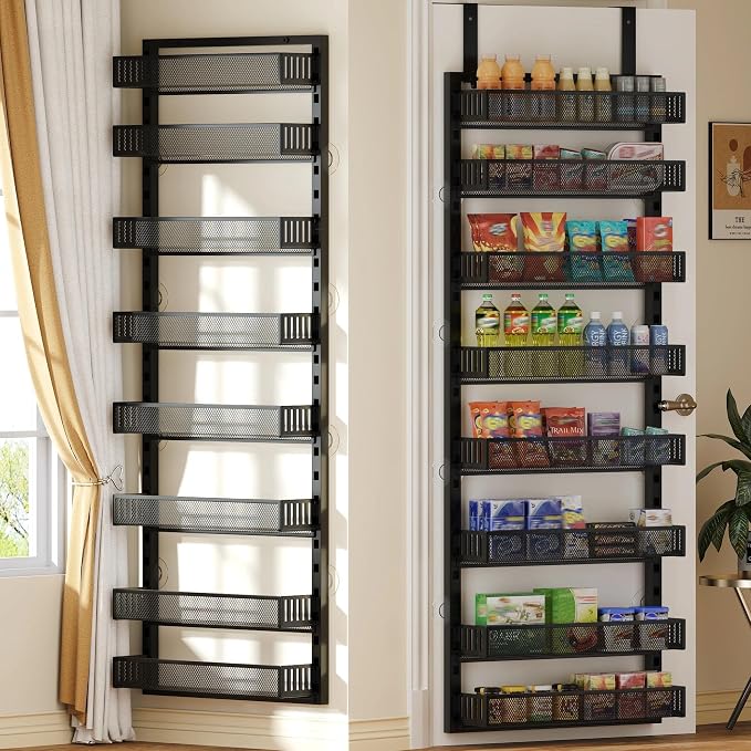 8-Tier Over the Door Pantry Organizer with Adjustable Baskets | Over the Door Spice Rack, Wall-Mounted or Hanging Shelves for Kitchen, Laundry Room, Bathroom(Black,19.3"W x 5.2"D x 72.6"H) by SEFILENCE