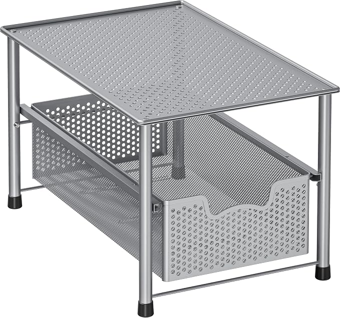 Simple Houseware Stackable Under Sink Sliding Basket Drawer, Silver | Perforated Free Standing Organizer, Kitchen/Pantry/Cabinet/Counter by SimpleHouseware