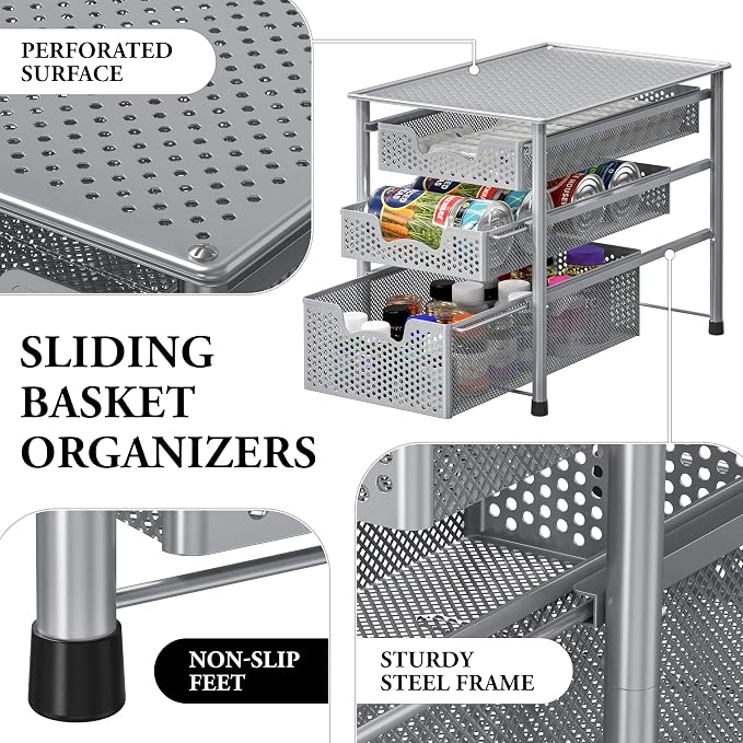 Simple Houseware Stackable 3 Tier Sliding Basket Organizer Drawer, Silver (Pack of 2) - Image 4