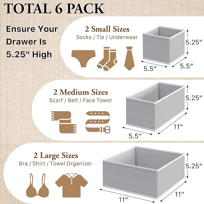 Simple Houseware Underwear Drawer Organizer, Set of 6, Gray | for Lingerie/Undergarment/Bra/Panty/Sock/Onesie - Image 2