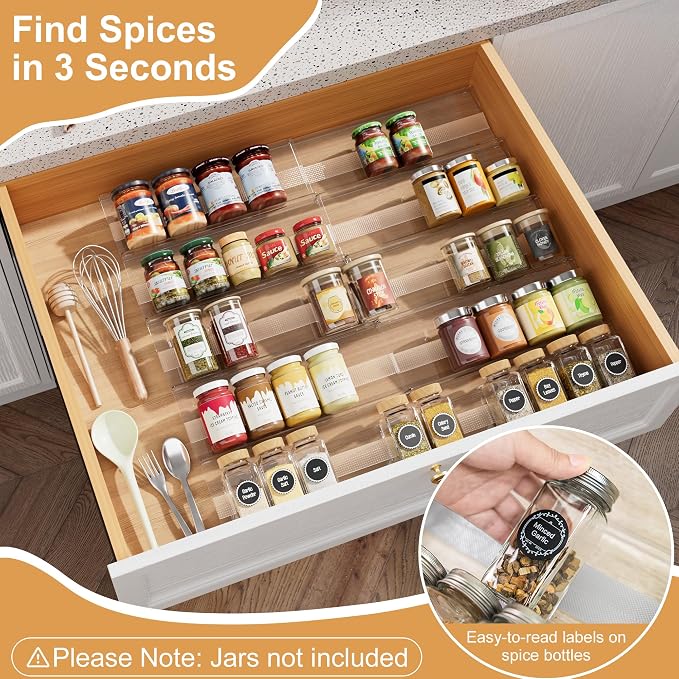 10-Pack Adjustable Spice Drawer Organizer, Expandable Seasoning Rack Tray (13" to 26"), Acrylic Insert with Anti-Slip Mat for Kitchen Cabinet (Jars Not Included) - Image 4