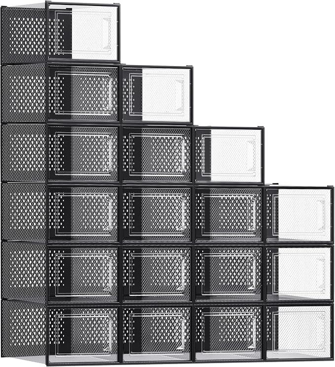 SONGMICS Shoe Boxes, Pack of 18 Shoe Storage Organizers, Stackable Clear Plastic Boxes for Closet, Sneakers, 13.7 x 9.9 x 7.4 Inches, Transparent and Black ULSP007B18 by Unknown