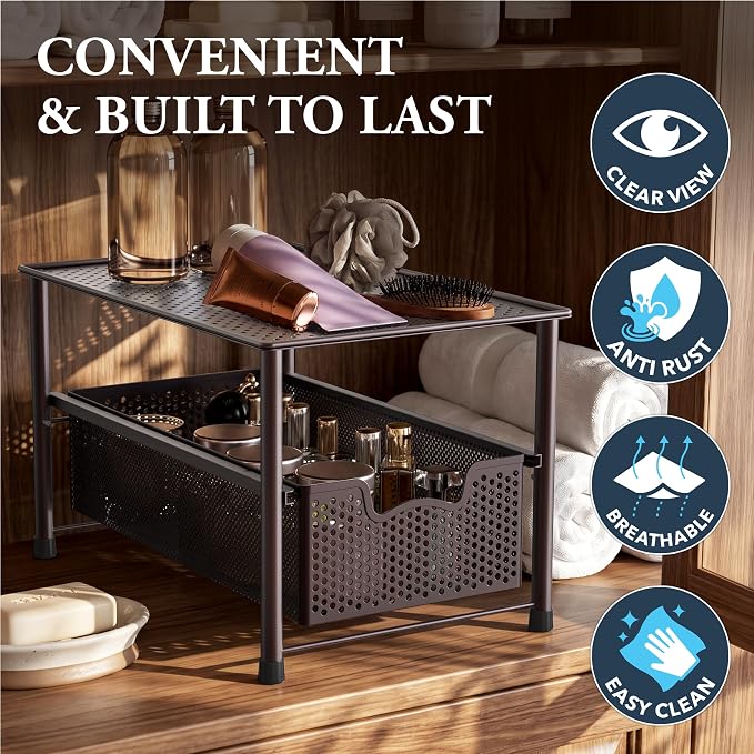 Simple Houseware Stackable Under Sink Sliding Basket Drawer, Brown | Perforated Free Standing Organizer, Kitchen/Pantry/Cabinet/Counter - Image 5