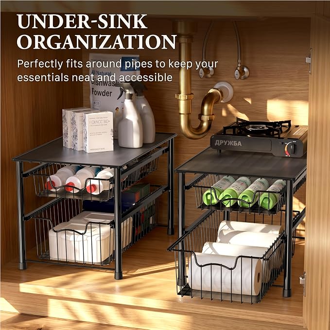 Simple Houseware Stackable Sliding Basket Organizer Drawer, Black, 2-Tier (Pack of 2) - Image 6