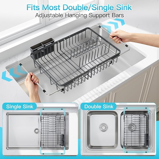 JASIWAY Gray Dish Drying Rack Over the Sink with Utensil Holder | Expandable Stainless Steel Dish Driainers for Small Kitchen, Apartment, Counter Space Saving, Fast Drain, Rust Resistant - Image 3
