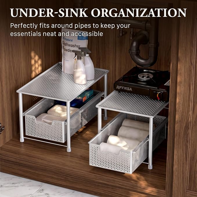 Simple Houseware Stackable Under Sink Sliding Basket Drawer, White | Perforated Free Standing Organizer, Kitchen/Pantry/Cabinet/Counter - Image 6