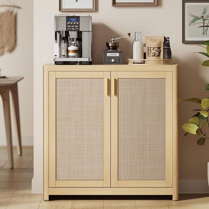 VASAGLE ELLAN Collection - Boho Buffet Cabinet with Rattan-Look Doors, Sideboard Storage Cabinet, Rounded Corners, Adjustable Shelf, for Kitchen, Oak Beige UBBK345YC01 by Unknown