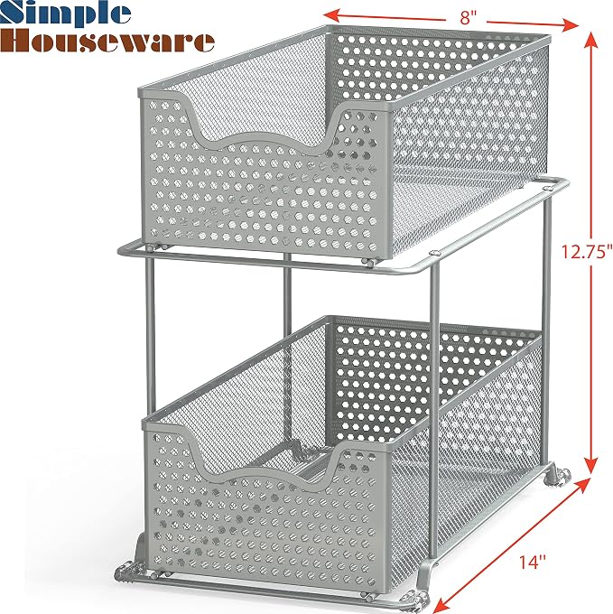 SIMPLE HOUSEWARE 2 Tier Sliding Cabinet Basket Organizer Drawer, Silver - Image 3