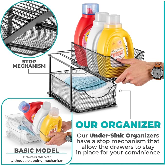 Sorbus 2 Sets of 2 Tier Metal Under Sink Organizer for Bathroom, Kitchen, Strong Steel Mesh Sliding Drawers for Under Sink, Under Cabinet, Closet, Kitchen, Pantry, Bathroom Organizers and Storage - Image 4
