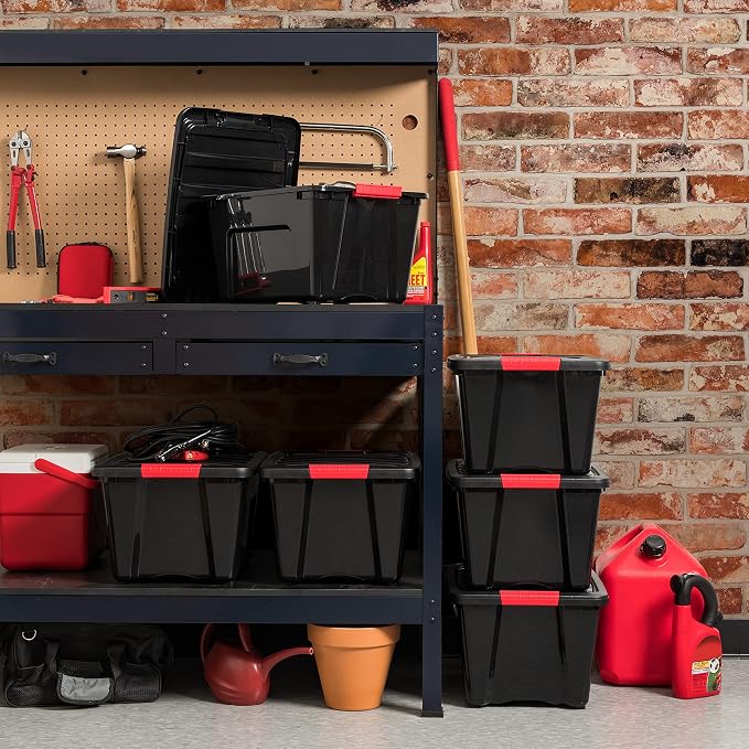 IRIS USA 6-Pack 32 Quart Storage Bins with Lids, Black | Black finish conceals stored items. Great for linens, décor, closet storage, and supplies. Nestable design saves space - Image 3