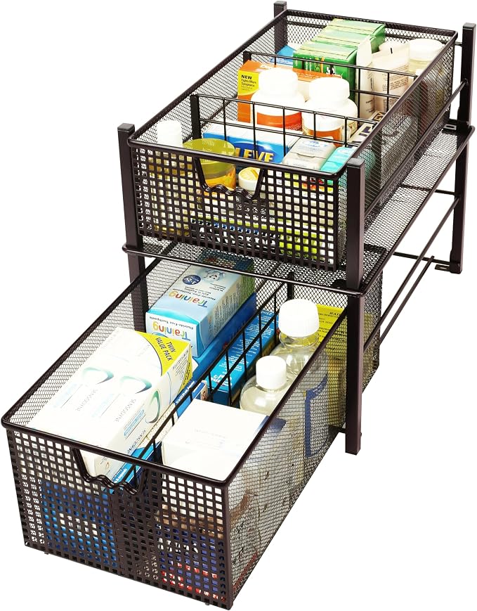 Deco Brothers Stackable Pull Out Cabinet Sliding Basket with Divider, Large | Under Sink Organizer, Bronze - Image 9