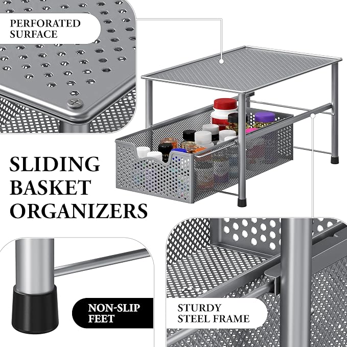 Simple Houseware Stackable Under Sink Sliding Basket Drawer, Silver | Perforated Free Standing Organizer, Kitchen/Pantry/Cabinet/Counter - Image 4