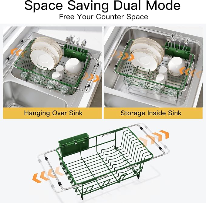 JASIWAY Green Dish Drying Rack in Sink, Dish Drainer with Utensil Holder | Over The Sink Expandable Stainless Steel Strainer Dryer Rack for Small Kitchen, Counter Space Saving, Fast Drain, Rustproof - Image 2