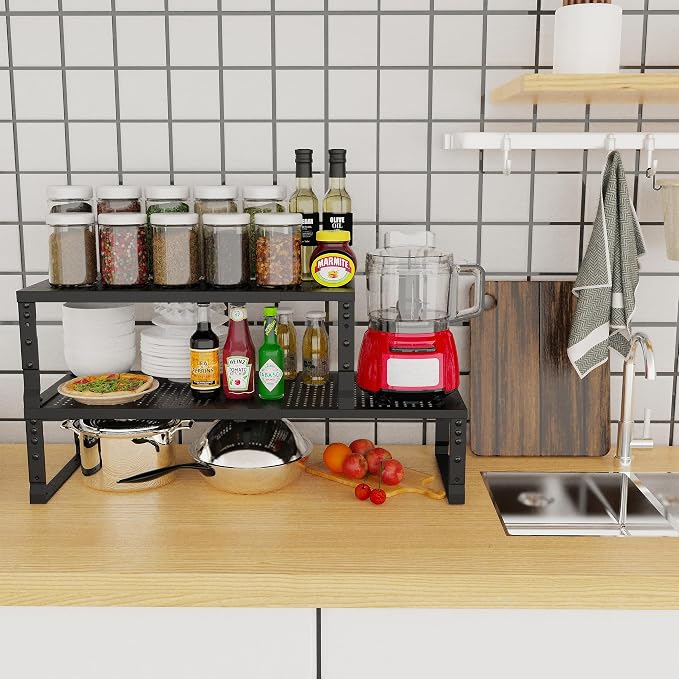Jojocross Expandable Adjustable Stackable Kitchen Organizer, Spice Rack,Metal Pantry Storage Shelves Racks,Counter Shelf for Cabinets, Countertop, Cupboard (2 Packs/Large/Black) - Image 2