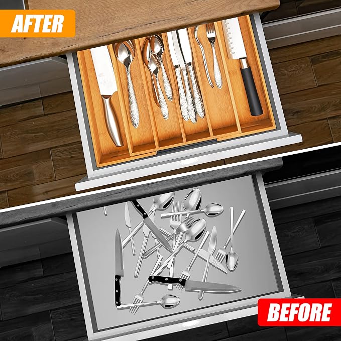 Silverware Organizer Kitchen Drawer Organizer Expandable Bamboo Utensil Holder Cutlery Tray for Kitchen Utensil and Flatware Bedroom Office - Image 3