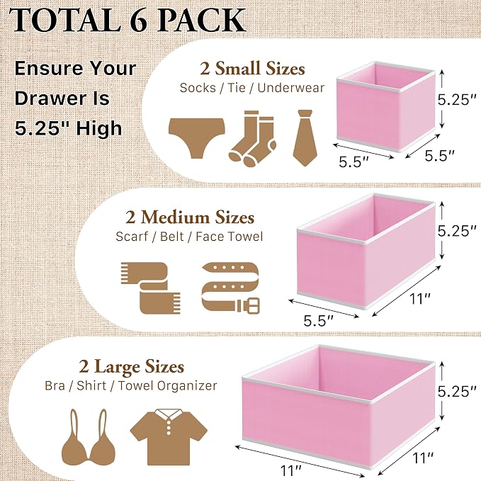 Simple Houseware Underwear Drawer Organizer, Set of 6, Pink | for Lingerie/Undergarment/Bra/Panty/Sock/Onesie - Image 2