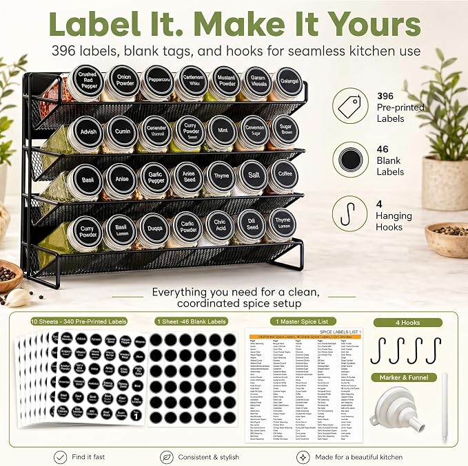 Spice Rack Organizer for Cabinet with 28 Spice Jars, 386 Spice Labels, Magnetic Spice Rack for Refrigerator, Seasoning Organizer for Countertop, Kitchen, Pantry, 13.2" W x 9.8" H, Black - Image 7